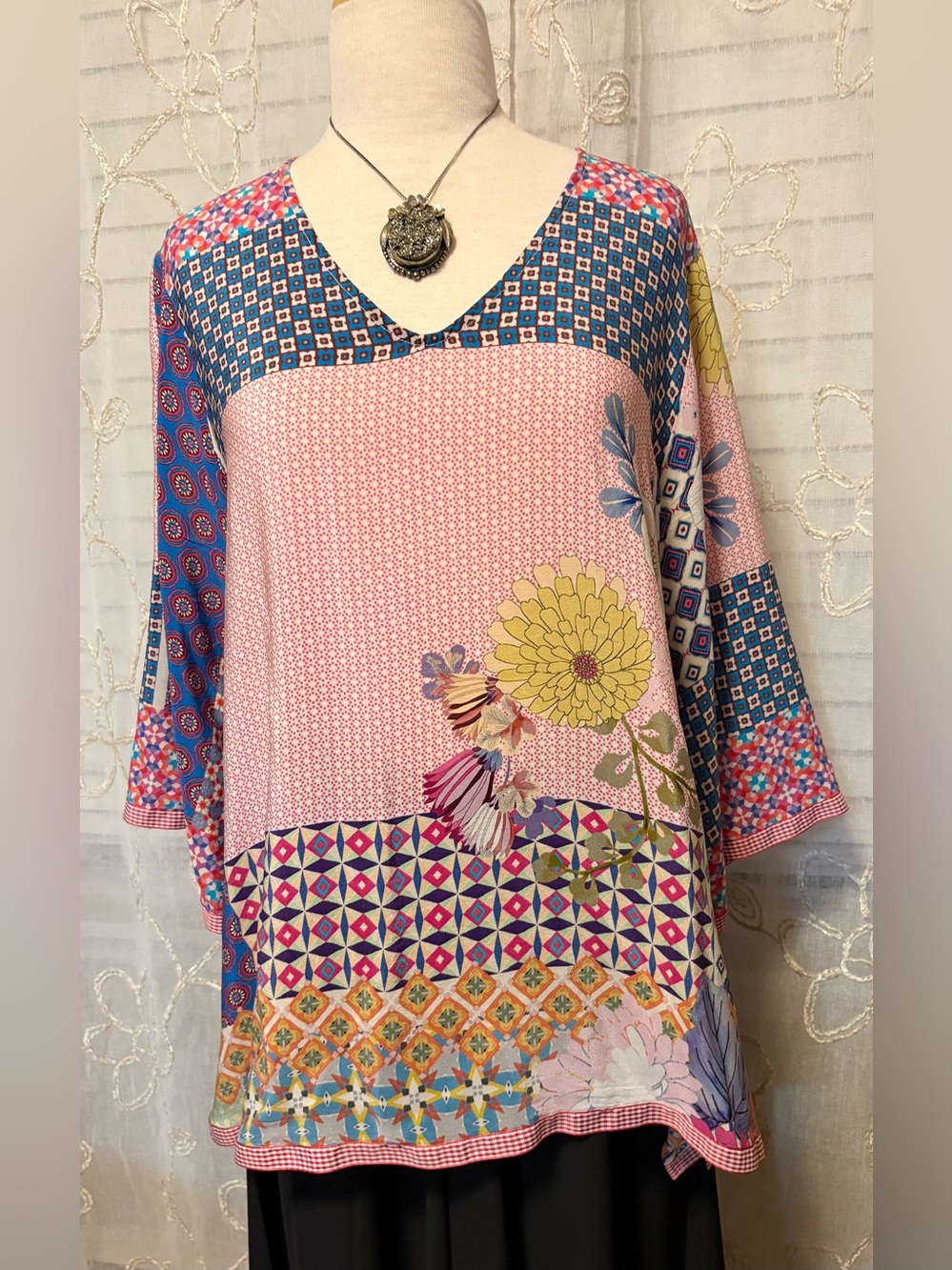 Johnny Was Silk Floral Patchwork Jade Top Size Petite Small Blouse (NWOT)